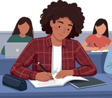 Student writing notes in a classroom setting with flat illustration style emphasizing focus and engagement in learning art vector