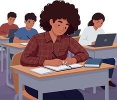 Student in a plaid shirt writing notes in a classroom setting, minimal illustration vector
