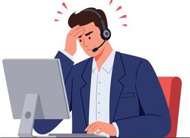 Frustrated customer service representative in a headset showing stress while working at a computer in flat illustration vector