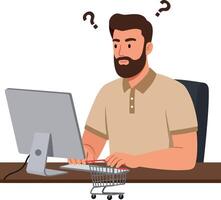 A confused man sitting at a desk with a computer and shopping cart in a flat illustration vector