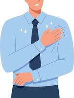 Man in a light blue shirt showing signs of nervousness with sweat droplets in a detailed flat illustration vector