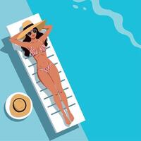 A woman relaxing on a sun lounger by the pool in flat art vector