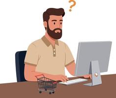 A man with a beard looking puzzled at a computer screen in a flat illustration vector
