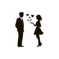Silhouette of a man and woman standing in front of each other with hearts coming out of vector