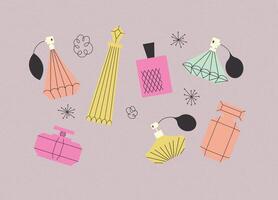 Perfume bottle collection drawing with color in retro style on violet background vector