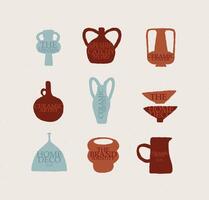 Vases ceramic set with lettering different form drawn in art style on white color background vector