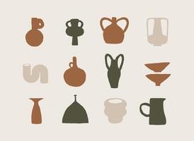 Vases ceramic set different form drawn in art style on light color background vector