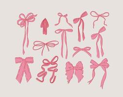 Ribbon bows hand drawn sketch drawing with red and fill of pink on light background vector