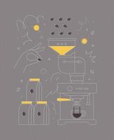 Coffee bean container coffee machine symbols drawing in modern linear art style on grey background vector