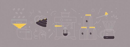 Coffee mill, cup, machine, pack, maker symbols drawing in modern linear art style on grey background vector