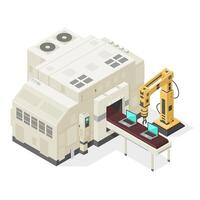 Illustration Icon of Large Isometric Industrial Factory Processing plant Assembly Line Machine. Technology depicting Hi-Tech Computers With Production and Packaging Robot Arm vector