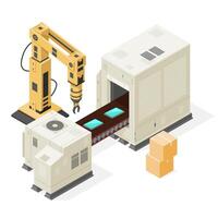 Illustration Icon of Isometric Industrial Factory Processing plant Assembly Line Machine. Technology depicting Hi-Tech Smart Device With Production and Packaging Robot Arm vector
