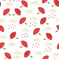 Seamless Valentine's Day Pattern with Red Umbrellas, Heart-Shaped Raindrops, and Clouds on White Background vector