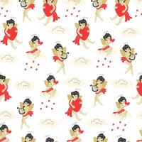 Seamless Valentine's Day Pattern with Cupids Sitting on Clouds, Playing Harp, and Hugging Hearts on White Background vector