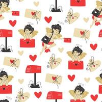 Seamless Pattern with Cupids Delivering Love Letters and Gifts to Mailbox on White Background vector