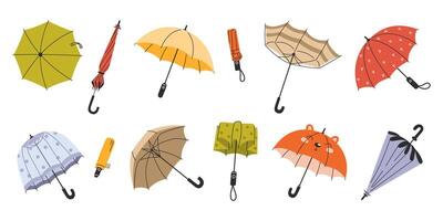Collection of Umbrellas in Various Shapes and Colors, Including Transparent Umbrellas for Spring and Fall Rainy Weather vector