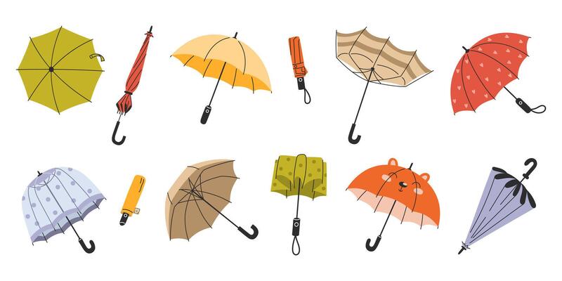 Collection of Umbrellas in Various Shapes and Colors, Including Transparent Umbrellas for Spring and Fall Rainy Weather