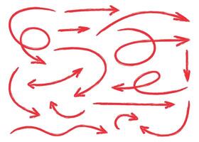 Squiggly red arrow set in flat style. Hand drawn crayon chalk elements. Doodle movement spiral arrows, lines. Pencil brush for icon, sketch, texture. Children illustration on white background vector