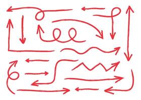 Squiggly red arrow set. Hand drawn crayon chalk elements. Doodle movement spiral arrows, lines in flat style. Pencil brush for icon, sketch, texture. Children illustration on white background. vector