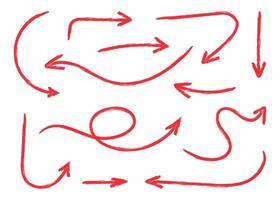 Squiggly red arrow set in flat style. Hand drawn children crayon spiral arrows. Doodle movement lines, chalk elements. Pencil brush for icon, sketch, texture. illustration on white background. vector