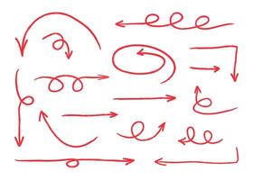 Squiggly red arrows. Hand drawn crayon chalk elements in flat style. Doodle movement spiral arrow set. Children pencil brush for icon, texture, sketch, lines. illustration on white background. vector