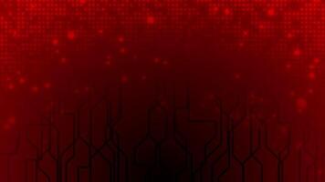 Red color glowing particles moving upwards with microchip hi-tech design technology background video