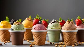 ice cream in cups with strawberries, nuts and berries photo