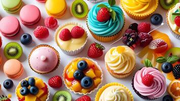 many different types of cupcakes are arranged on a table photo