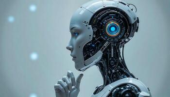 Thoughtful AI Robot Close-up of a futuristic android. photo