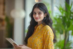 Smiling young woman using a tablet in a modern setting. photo