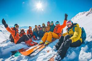 Happy Skiers Posing Together in Snowy Mountains photo