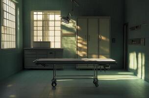 Empty Medical Examination Room with Sunlight and Teal Walls photo