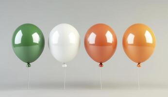 Four Glossy Balloons in Muted Green, White, and Orange Shades on Gray Background photo