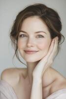 Close up Portrait of a Young Woman with Freckles and Soft Lighting photo