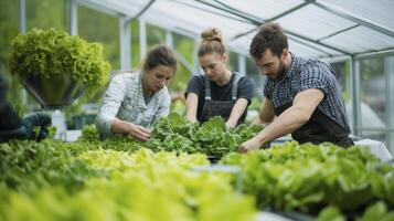 Young Farmers Harvesting Lettuce In A Modern Greenhouse Farm System Using Hydroponics Technology photo