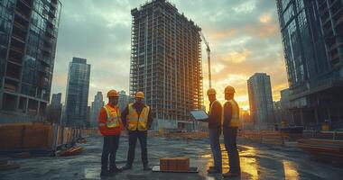 Construction Workers Meeting At Sunset Urban Development Site photo