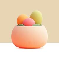 Three pastel-colored eggs in a peach pot with green leaves on beige background vector