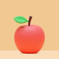 Minimalist red apple with green leaf and brown stem on beige surface and orange background vector