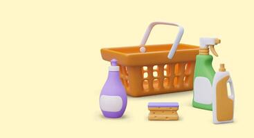 Advertisement of store with detergents and cleaning tools. composition in 3D style vector