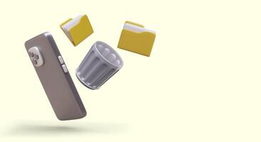 Concept of phone memory cleaning application. Realistic smartphone, folders, metal trash can vector