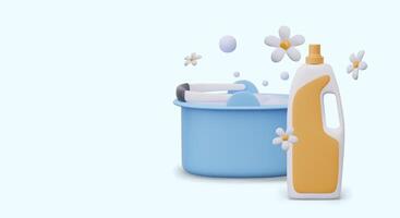 Plastic bucket with soap suds, bubbles, bottle with scented detergent vector