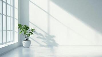 A minimalist interior features a potted plant by a large window, with sunlight casting shadows on the pristine white wall, creating a serene space. photo