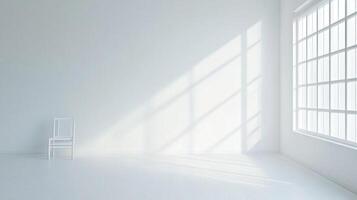 Minimalist white room with chair and sunlit window creating an airy, serene atmosphere, perfect for a peaceful creative space. photo