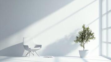 A minimalist white room basks in sunlight, featuring a modern chair, potted plant, and an open book creating a tranquil atmosphere. photo