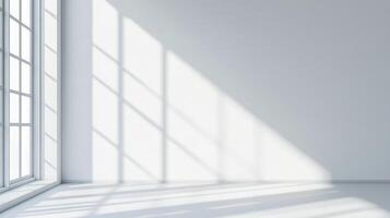 Sunlight streams into a bright white room, creating shadows and highlights. The stark simplicity offers a sense of calm and openness. photo
