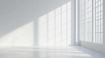 Bright room filled with natural light shining through large windows, creating patterns on the white walls and smooth floor. Serene space. photo