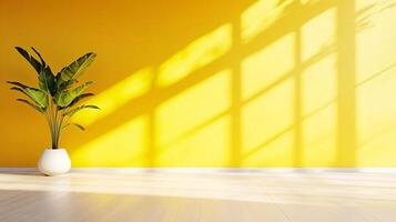 Indoor plant basking in sunbeams. Yellow wall backdrop with dancing shadows, creating a lively, inviting atmosphere. Simplicity at its finest. photo