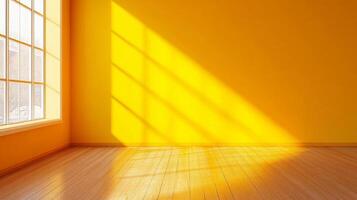 Sun-drenched room with a bright yellow wall and wooden floor, light streaming through a multi-paned window adding warmth and character. photo