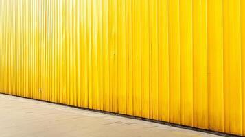 Yellow metal wall creates a striking visual contrast against the pale stone sidewalk. The rhythmic pattern and vivid color add visual interest. photo