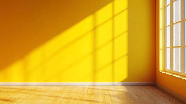 Bright yellow wall with window casting shadows, highlighting the vibrant color and creating a warm, inviting atmosphere in an empty room. photo